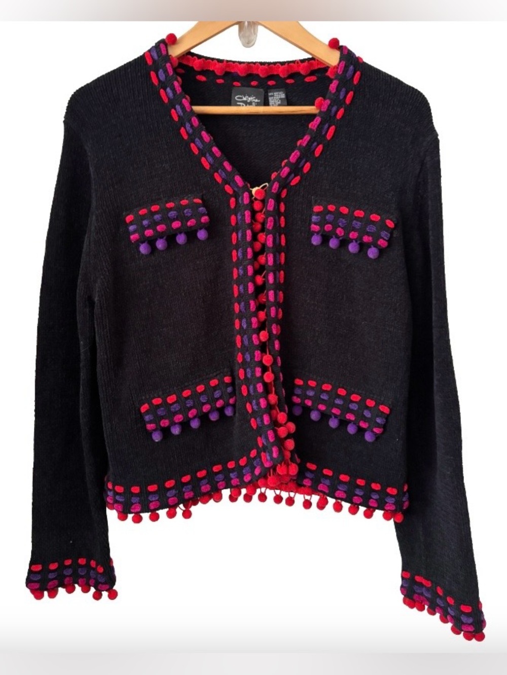 Christine Rotelli VTG Blk chenille lady jkt w stitching & Pom Pom trim SZ M